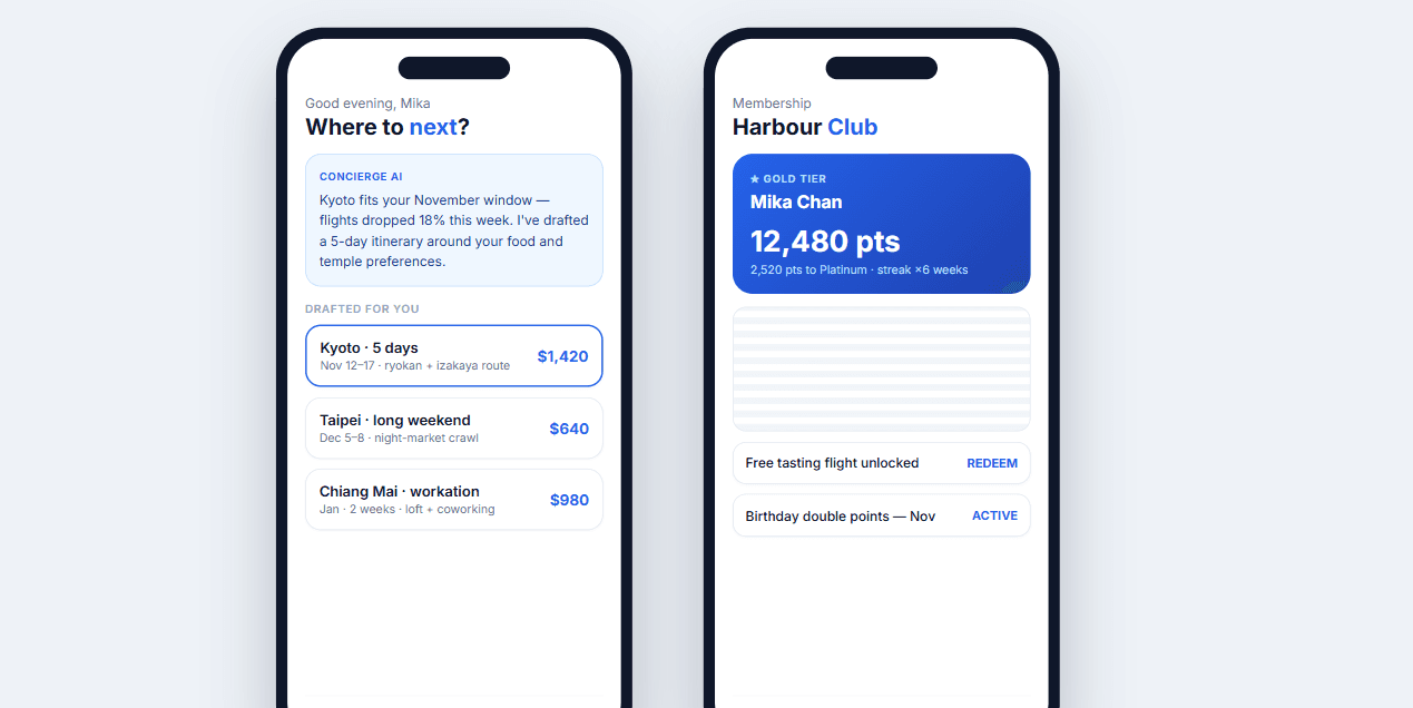 Mobile app screens: AI travel concierge with drafted trips, and a membership card with points and rewards